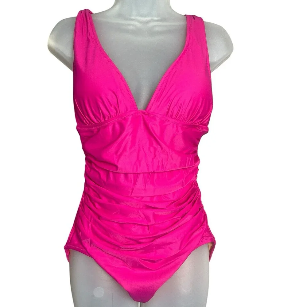 J. Crew NWT Ruched V Neck One Piece Sz 10 Swimsuit Fuchsia BC116 Full Coverage‎